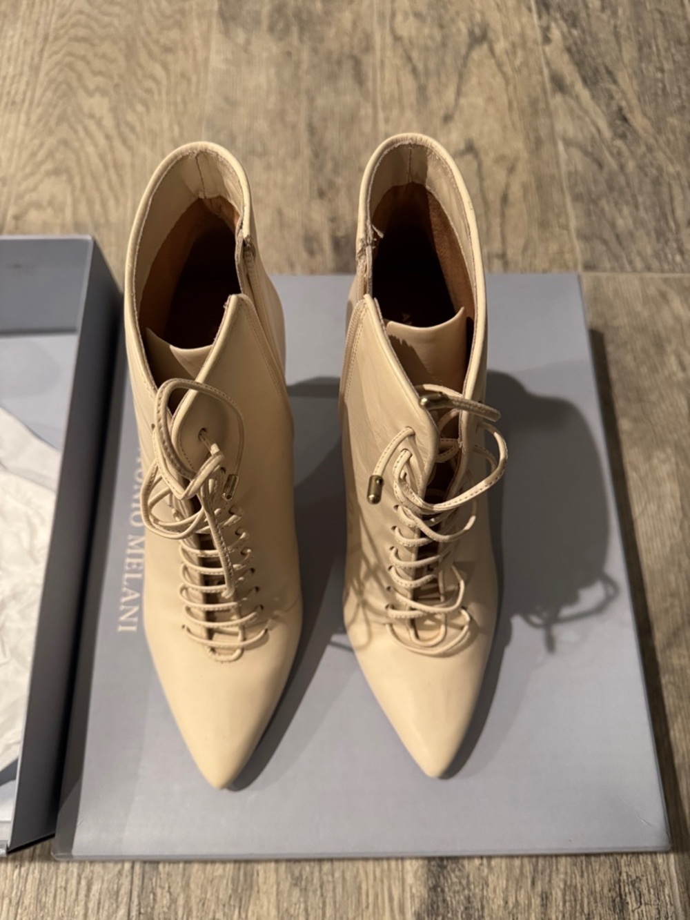 ANTONIO MELANI Cream Lace-Up Pointed Toe Ankle Boots